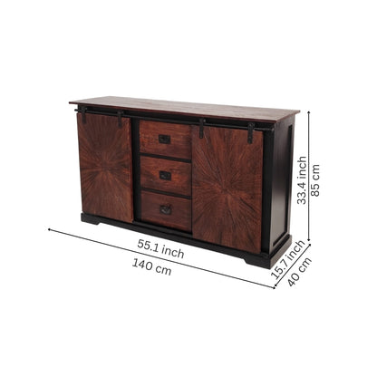 Rustic Sunburst Carved Sideboard with Sliding Barn Doors and Drawers