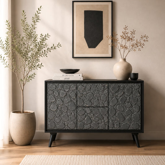 Modern Black Sideboard with Natural Stone Inlay Doors and Drawers