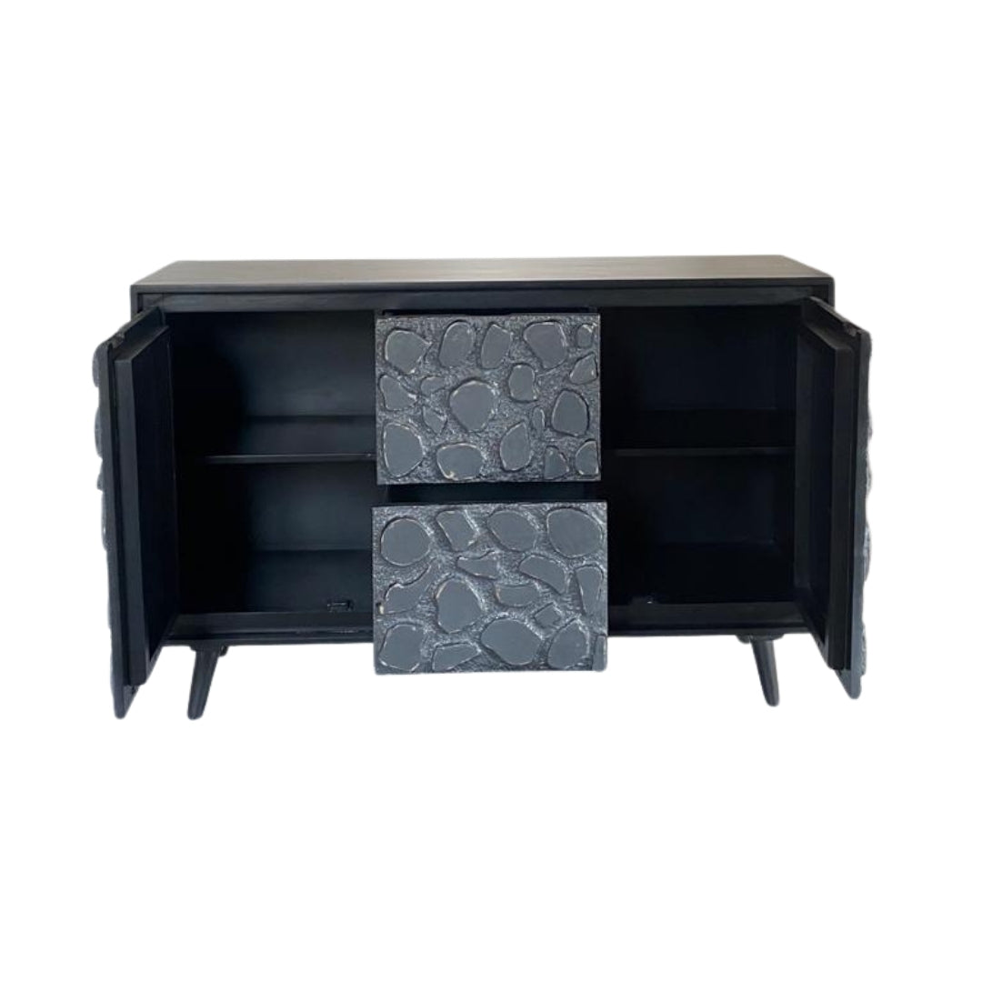 Modern Black Sideboard with Natural Stone Inlay Doors and Drawers