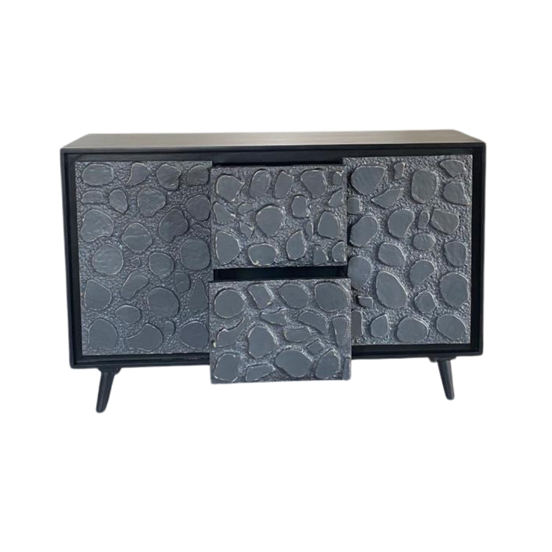 Modern Black Sideboard with Natural Stone Inlay Doors and Drawers