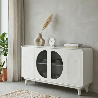 Modern White Capsule Sideboard with Fluted Glass Doors and Drawers