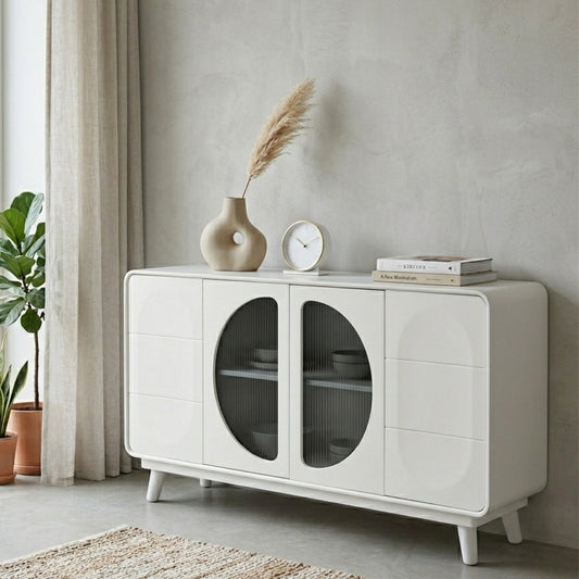 Modern White Capsule Sideboard with Fluted Glass Doors and Drawers