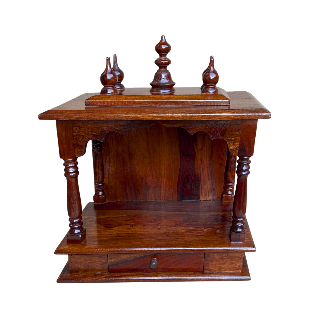 wooden pooja mandir for home with drawer storage, Ganesh idol setup in solid wood temple