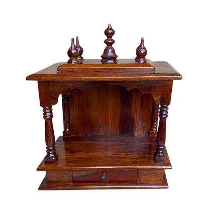 wooden pooja mandir for home with drawer storage, Ganesh idol setup in solid wood temple