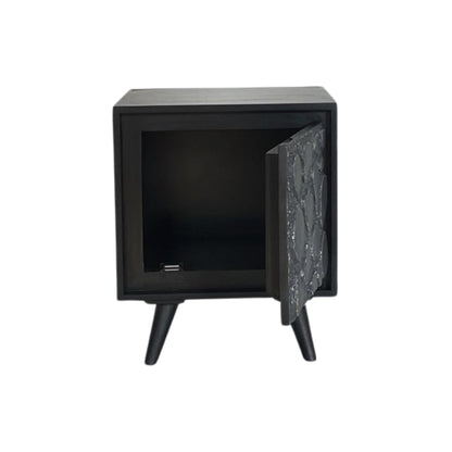 Modern Black Textured Bedside Table with Stone-Inspired Front Panel
