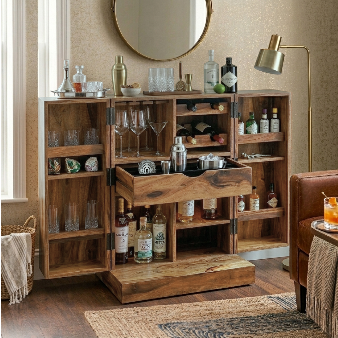 vintage wooden bar cabinet with doors open showing bottle storage shelves, wine rack, glass holder and drawer storage
