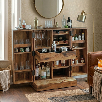 vintage wooden bar cabinet with doors open showing bottle storage shelves, wine rack, glass holder and drawer storage