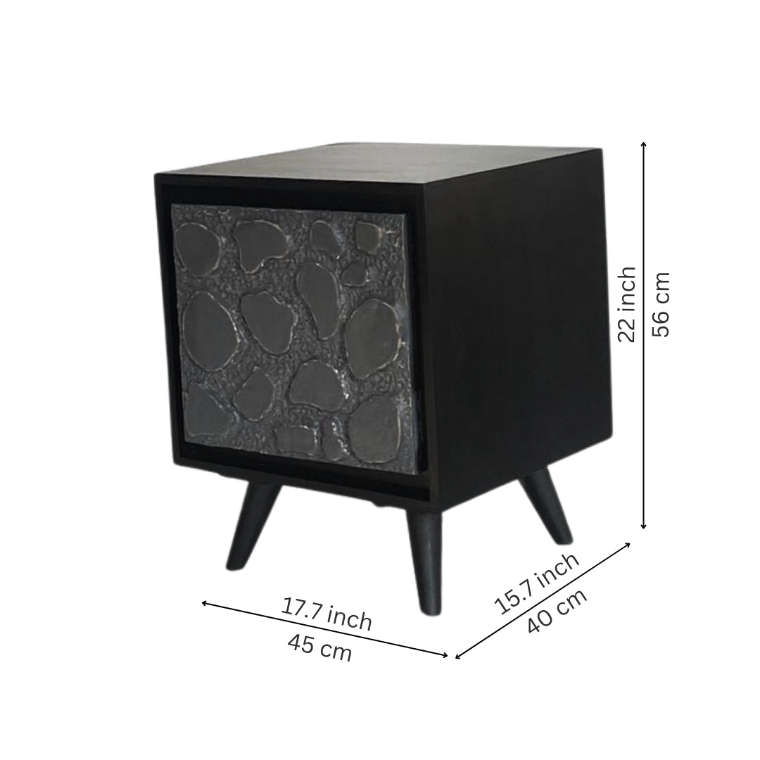Modern Black Textured Bedside Table with Stone-Inspired Front Panel