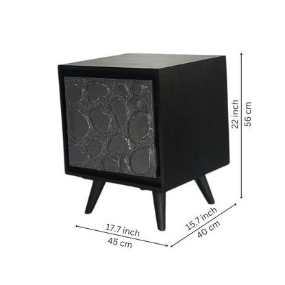Modern Black Textured Bedside Table with Stone-Inspired Front Panel
