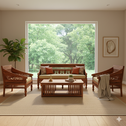 Indian Hub Handcrafted Wooden Sofa Set in 3+1+1 Seating