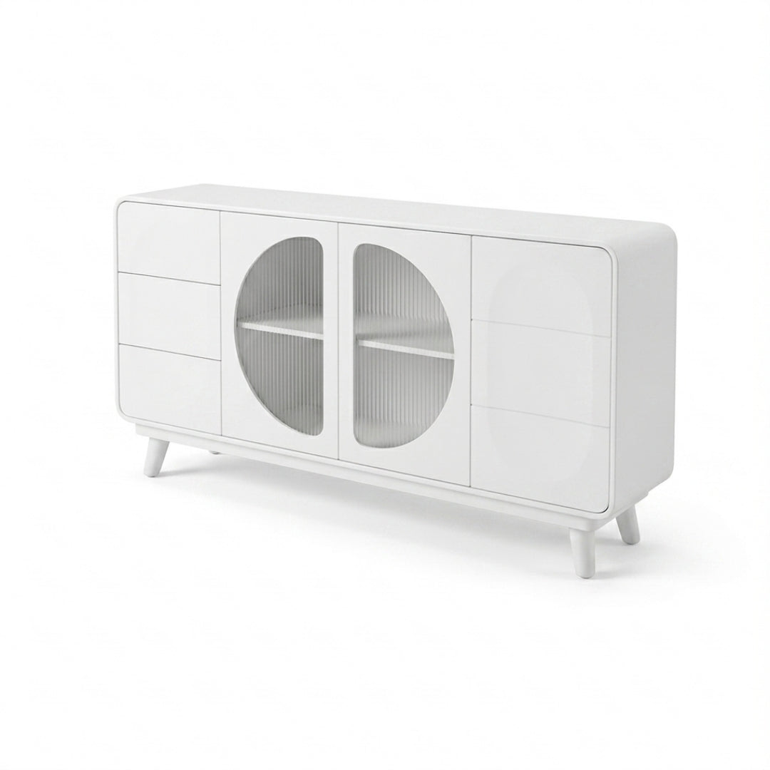 Modern White Capsule Sideboard with Fluted Glass Doors and Drawers