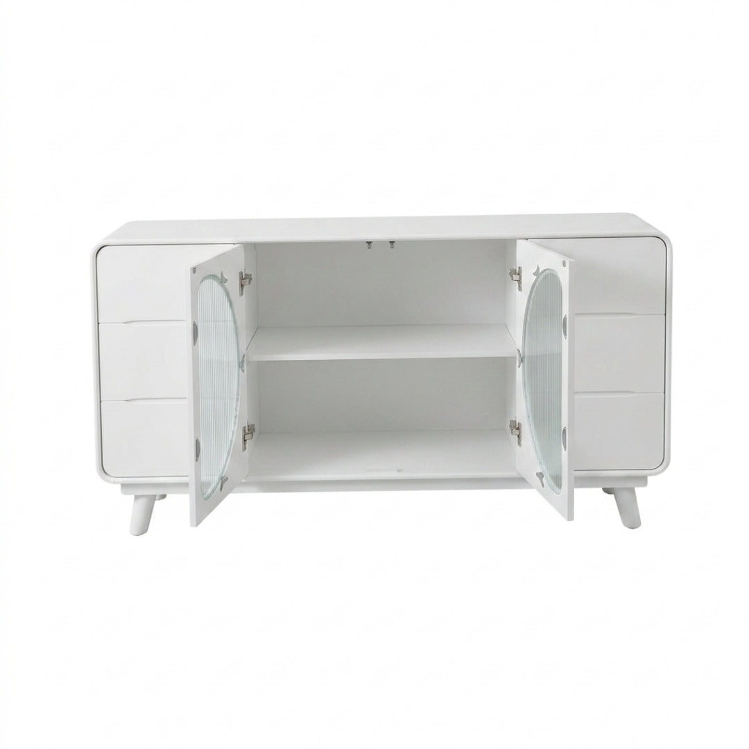 Modern White Capsule Sideboard with Fluted Glass Doors and Drawers