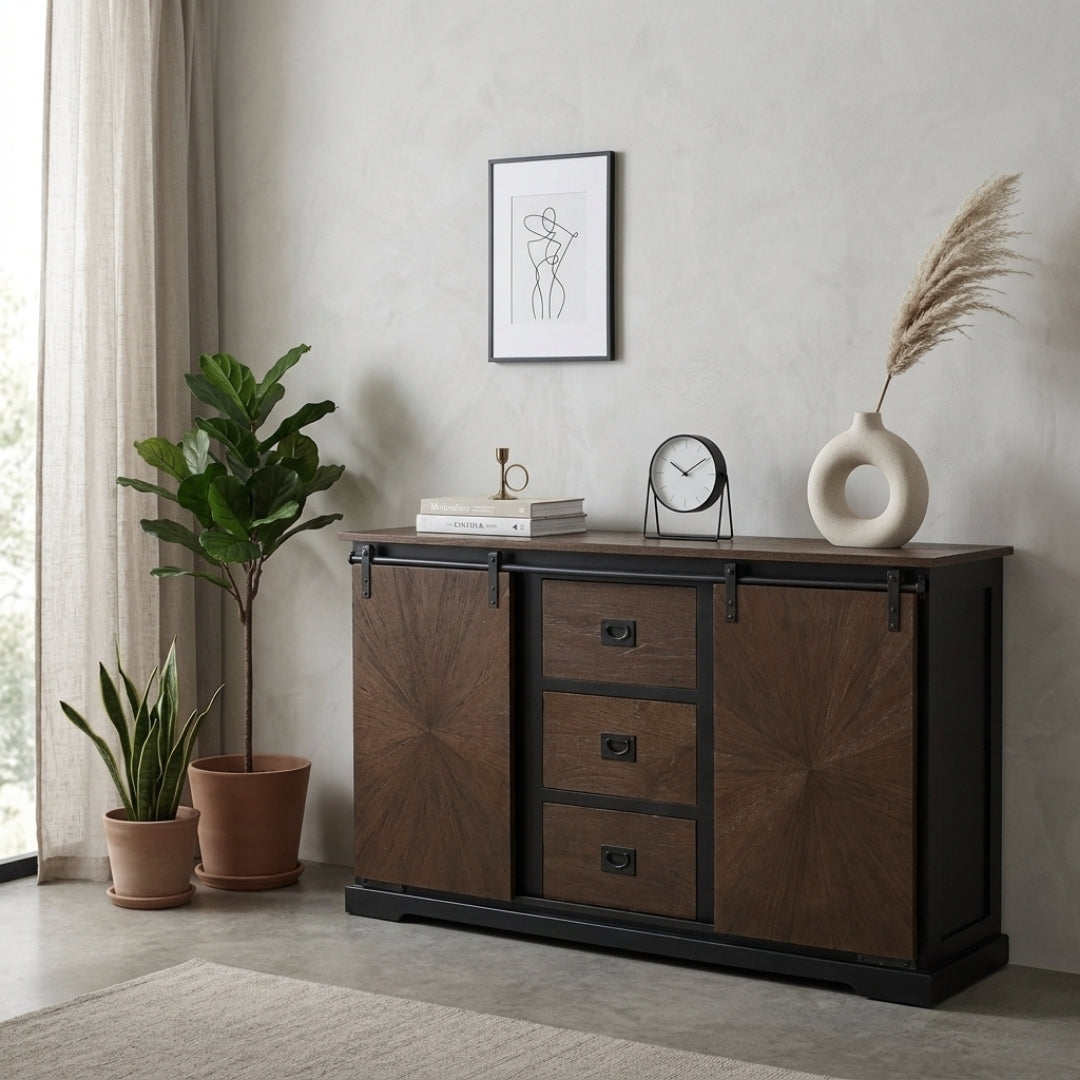 Rustic Sunburst Carved Sideboard with Sliding Barn Doors and Drawers
