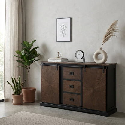 Rustic Sunburst Carved Sideboard with Sliding Barn Doors and Drawers