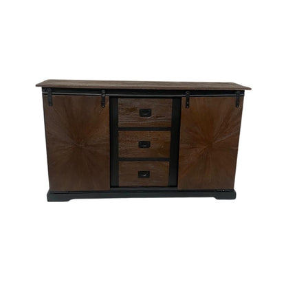 Rustic Sunburst Carved Sideboard with Sliding Barn Doors and Drawers
