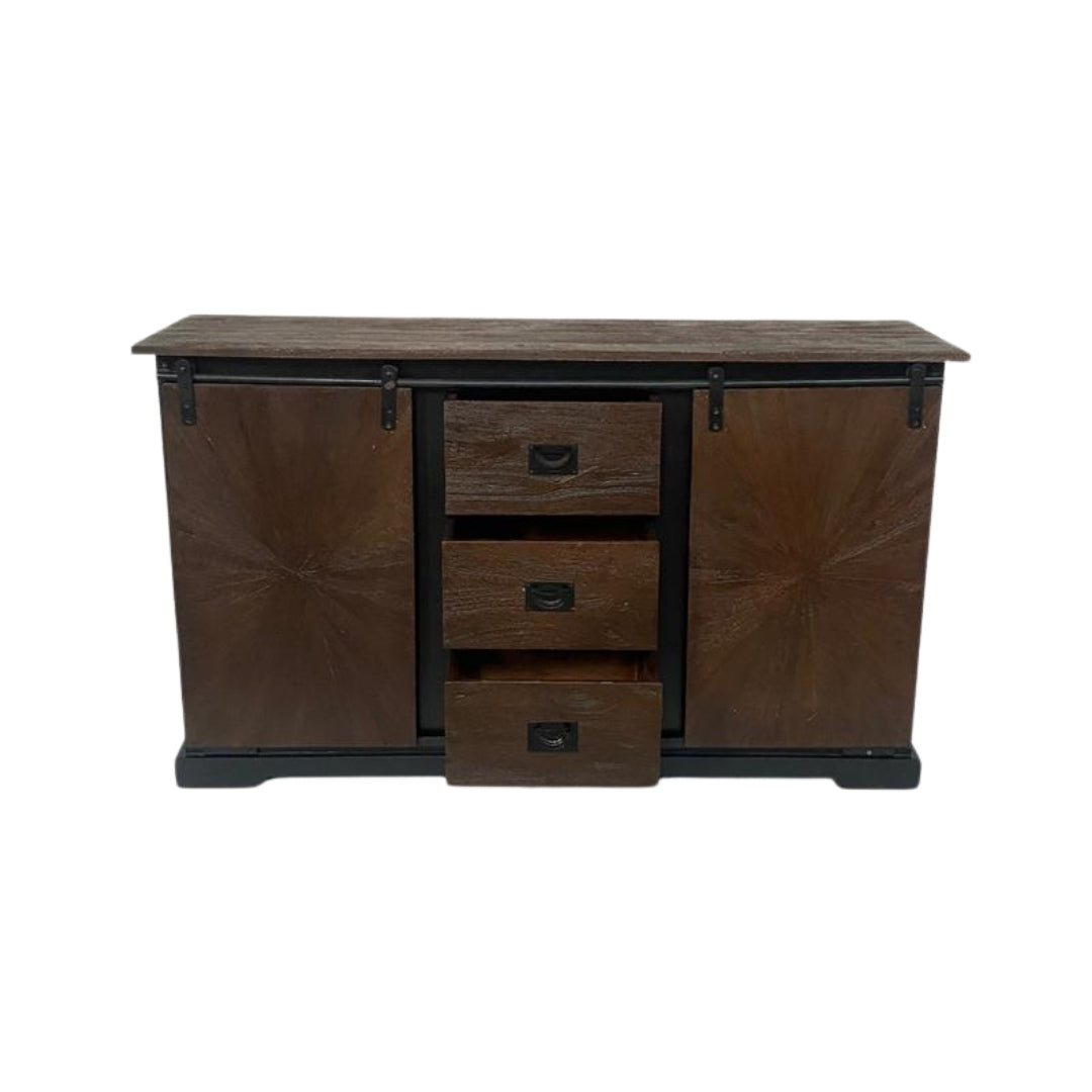 Rustic Sunburst Carved Sideboard with Sliding Barn Doors and Drawers