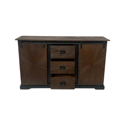 Rustic Sunburst Carved Sideboard with Sliding Barn Doors and Drawers