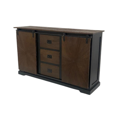 Rustic Sunburst Carved Sideboard with Sliding Barn Doors and Drawers