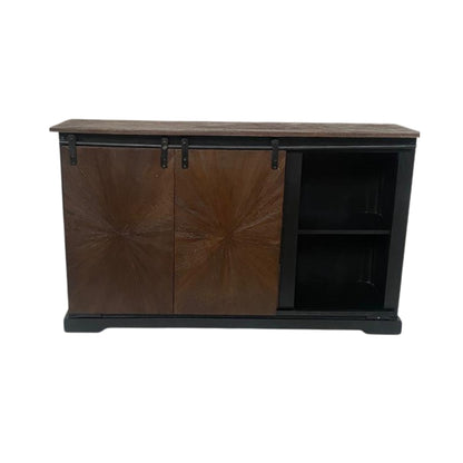 Rustic Sunburst Carved Sideboard with Sliding Barn Doors and Drawers