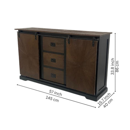 Rustic Sunburst Carved Sideboard with Sliding Barn Doors and Drawers