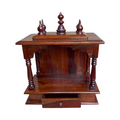 wooden pooja mandir for home with drawer storage, Ganesh idol setup in solid wood temple