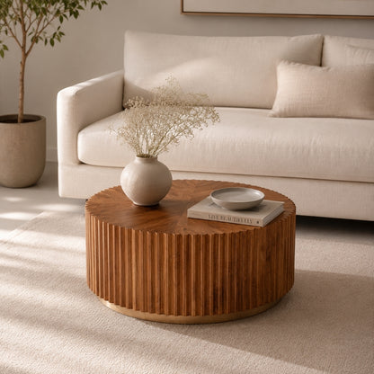 Reeded Round Wooden Coffee Table with Brass Base