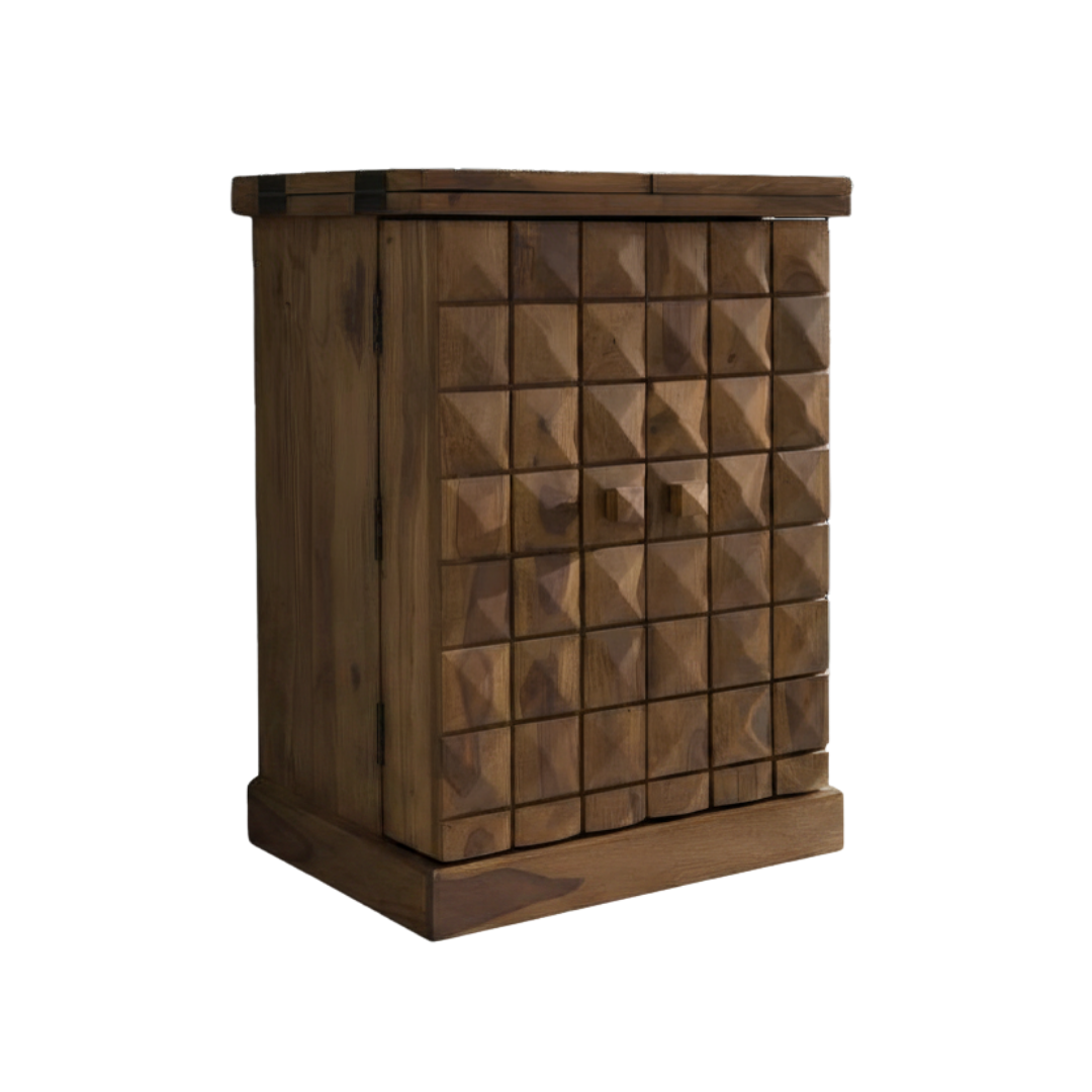 vintage wooden bar cabinet with doors open showing bottle storage shelves, wine rack, glass holder and drawer storage