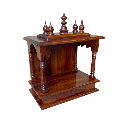wooden pooja mandir for home with drawer storage, Ganesh idol setup in solid wood temple