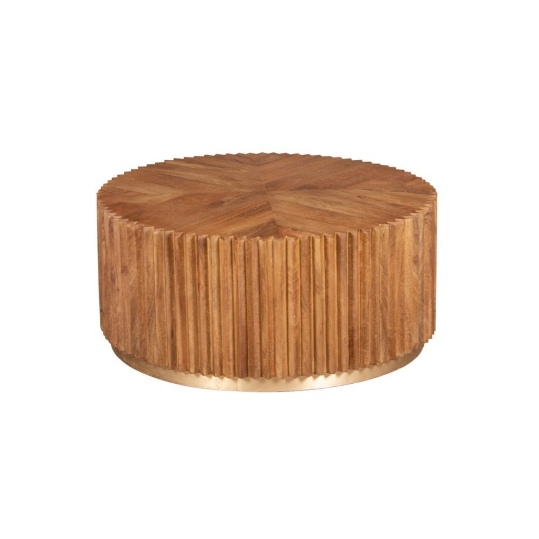 Reeded Round Wooden Coffee Table with Brass Base