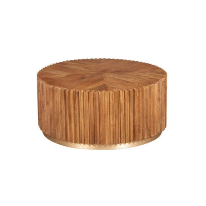Reeded Round Wooden Coffee Table with Brass Base