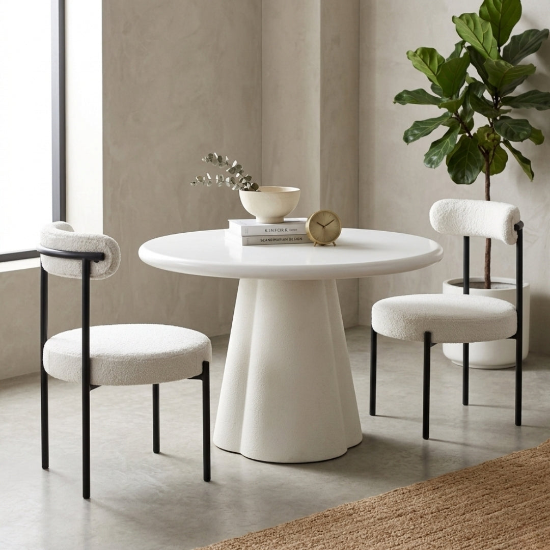 Modern White Round Pedestal Dining Table with Bouclé Chairs