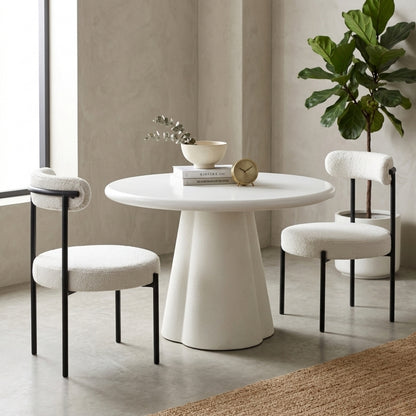 Modern White Round Pedestal Dining Table with Bouclé Chairs