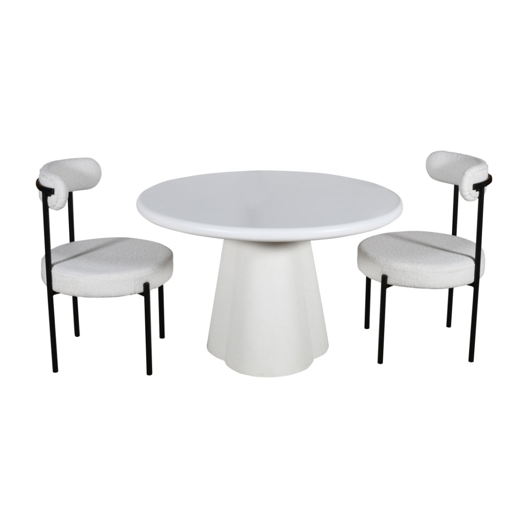 Modern White Round Pedestal Dining Table with Bouclé Chairs