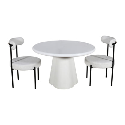 Modern White Round Pedestal Dining Table with Bouclé Chairs