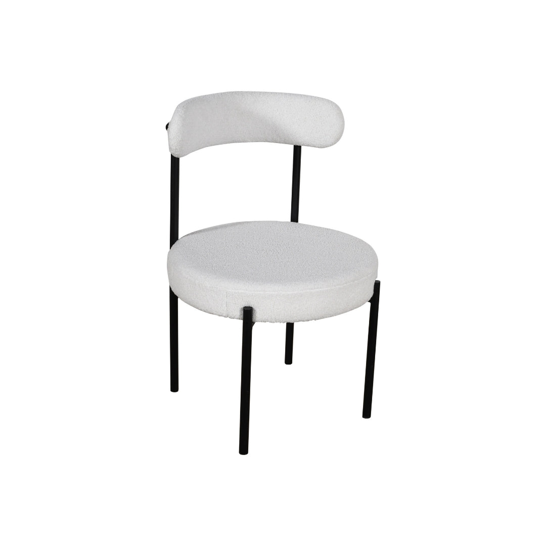 Modern White Round Pedestal Dining Table with Bouclé Chairs