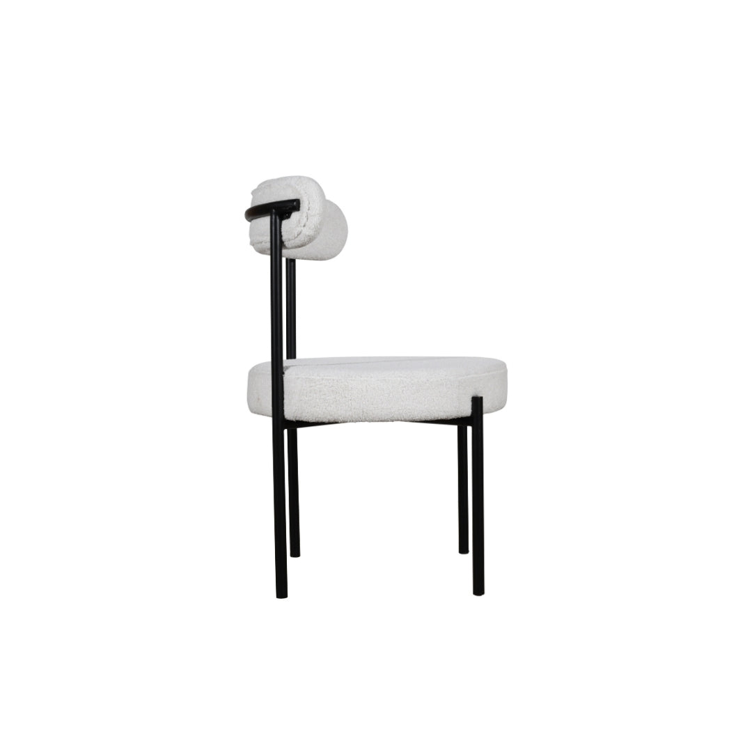 Modern White Round Pedestal Dining Table with Bouclé Chairs