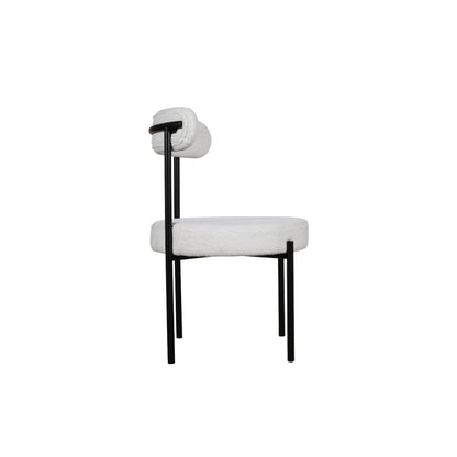 Modern White Round Pedestal Dining Table with Bouclé Chairs