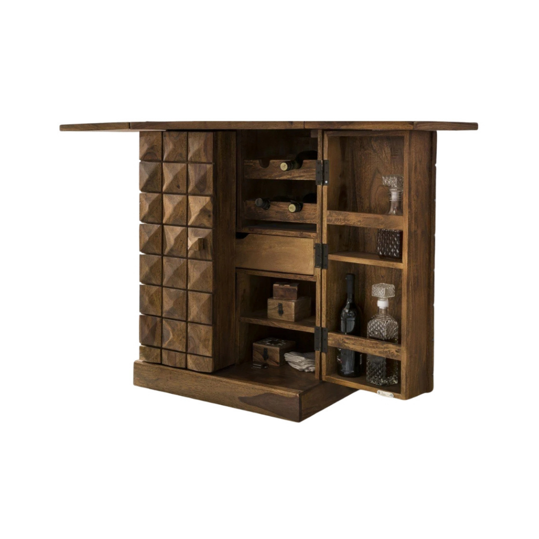 vintage wooden bar cabinet with doors open showing bottle storage shelves, wine rack, glass holder and drawer storage