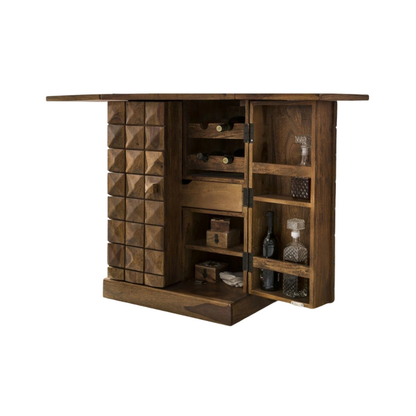 vintage wooden bar cabinet with doors open showing bottle storage shelves, wine rack, glass holder and drawer storage
