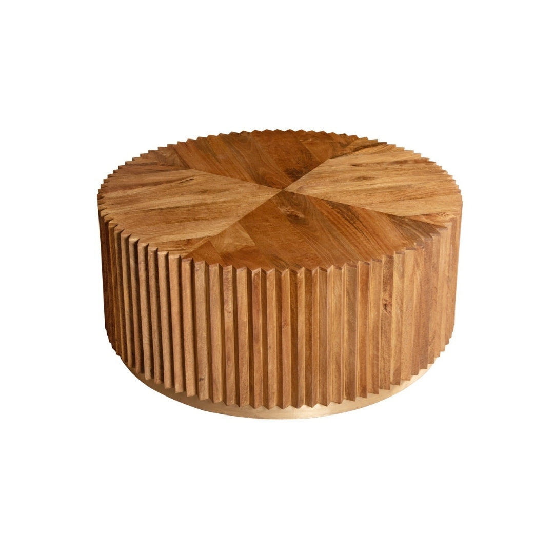 Reeded Round Wooden Coffee Table with Brass Base