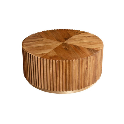 Reeded Round Wooden Coffee Table with Brass Base