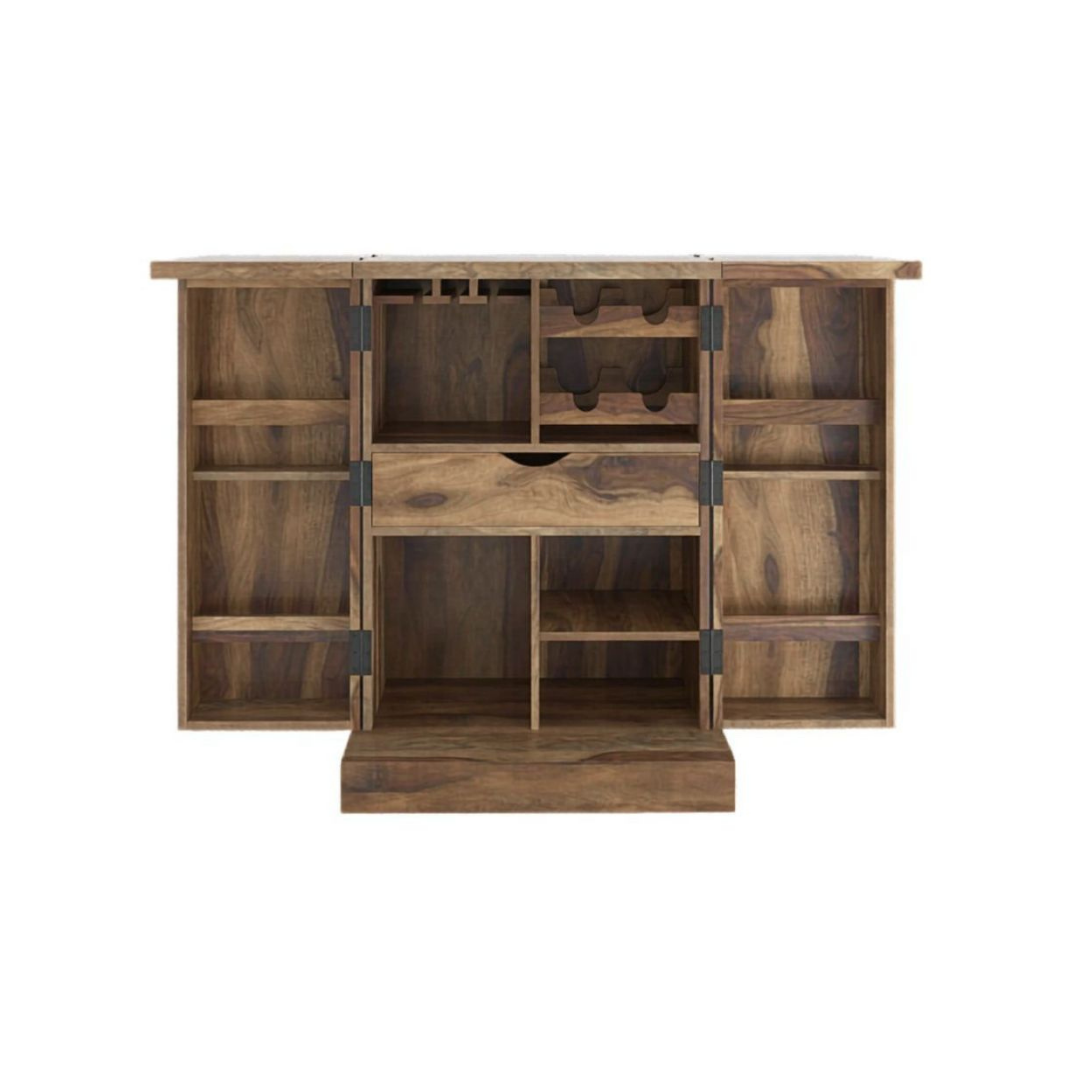 vintage wooden bar cabinet with doors open showing bottle storage shelves, wine rack, glass holder and drawer storage