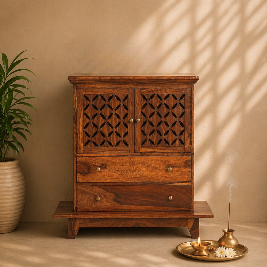 Modern small mandir for home with carved wooden doors, storage drawers, solid wood finish, and elegant pooja temple design.