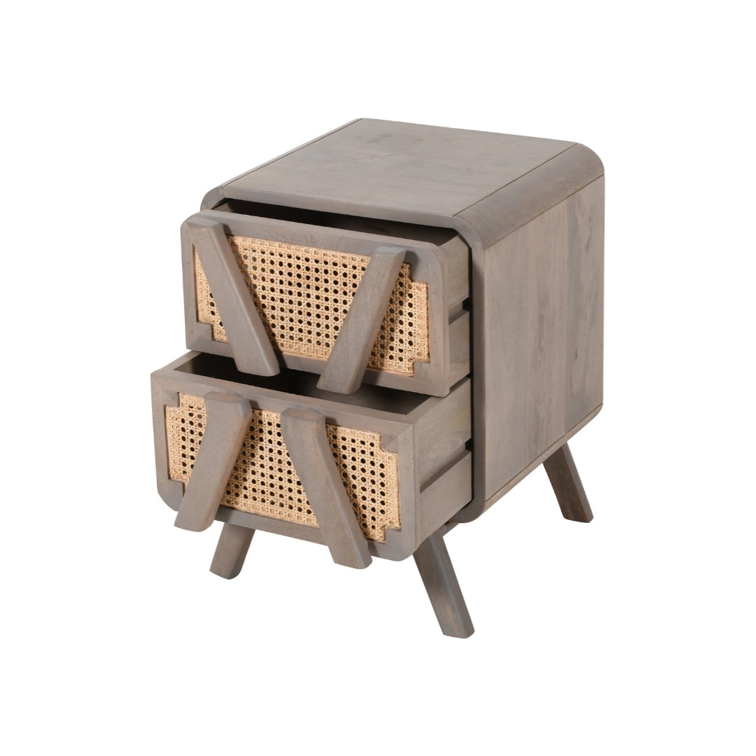 Scandinavian Cane Bedside Table with 2 Drawers – Grey Finish