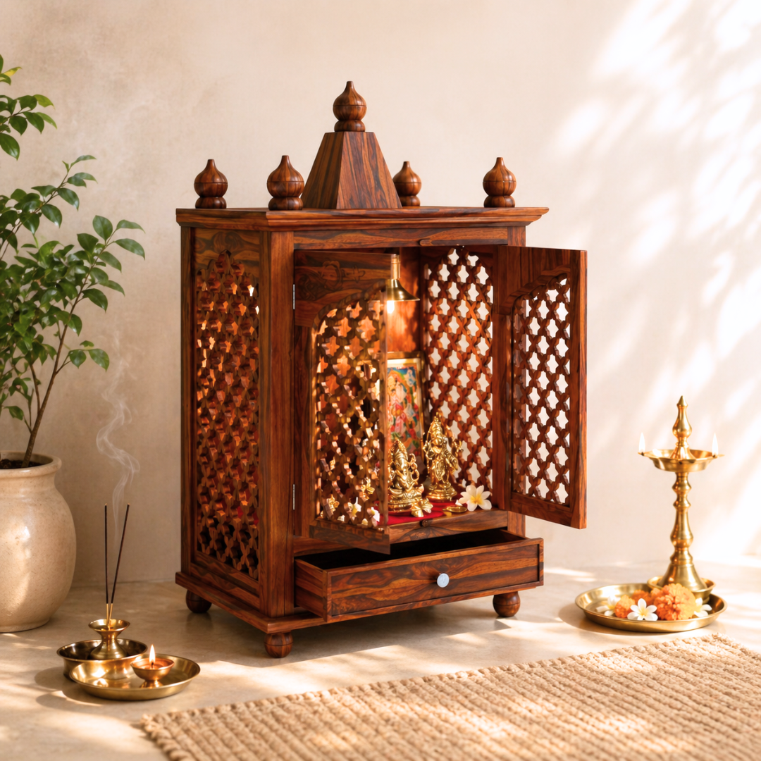 Modern wooden temple for home with carved doors, solid wood finish, storage drawer, and elegant pooja mandir design.
