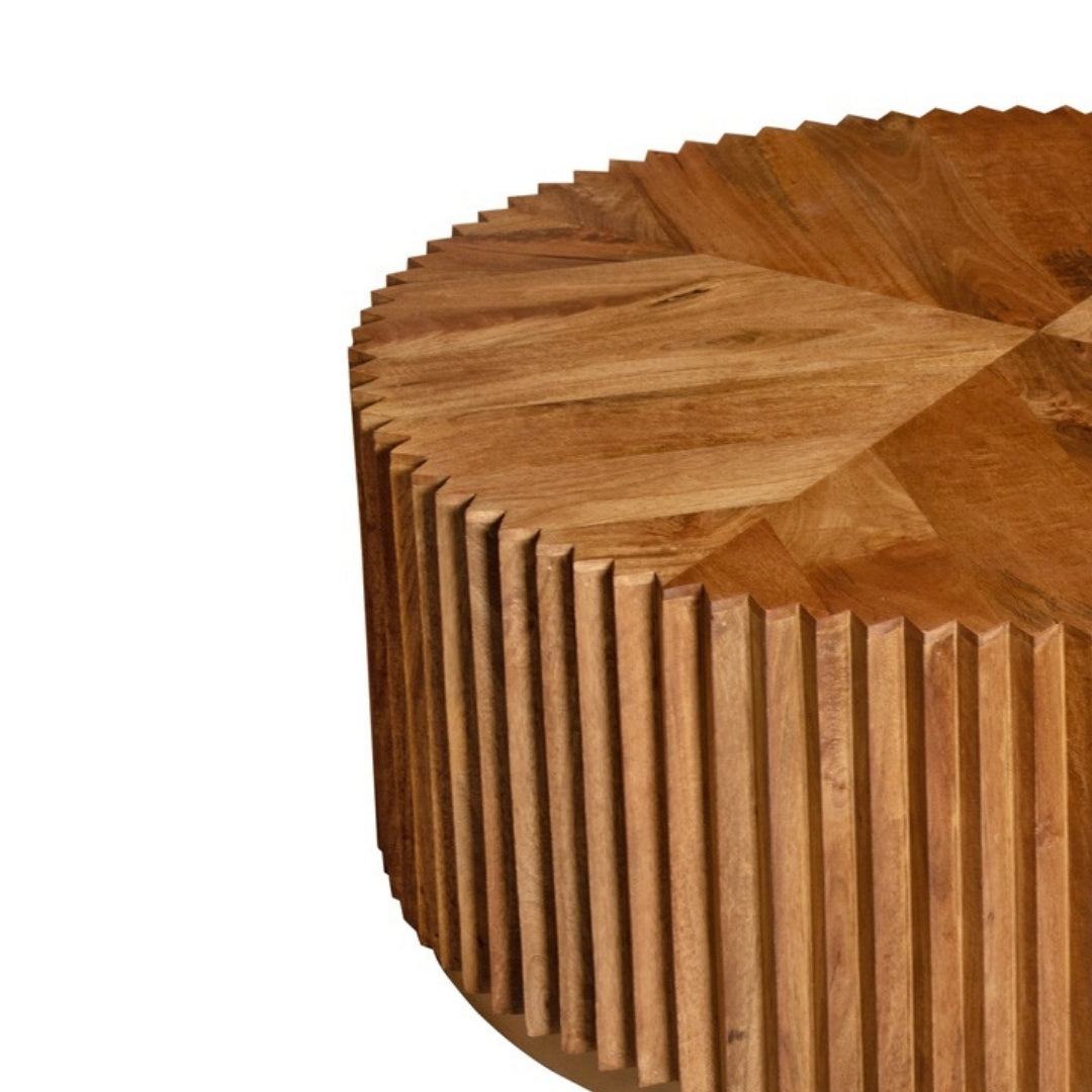 Reeded Round Wooden Coffee Table with Brass Base