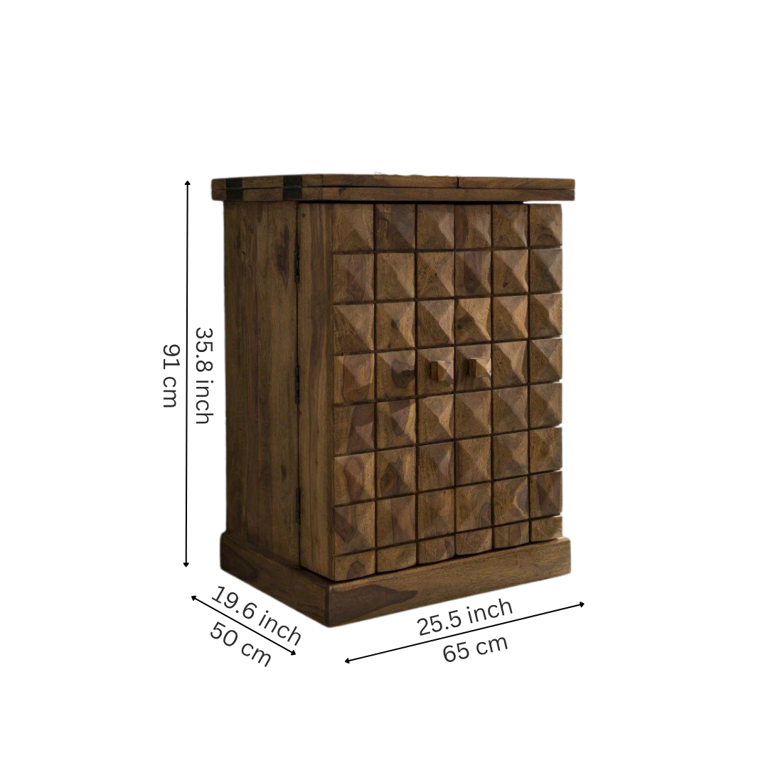 vintage wooden bar cabinet with doors open showing bottle storage shelves, wine rack, glass holder and drawer storage