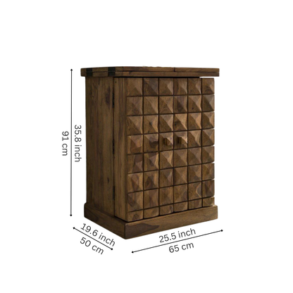 vintage wooden bar cabinet with doors open showing bottle storage shelves, wine rack, glass holder and drawer storage