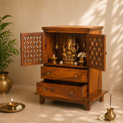 Modern small mandir for home with carved wooden doors, storage drawers, solid wood finish, and elegant pooja temple design.