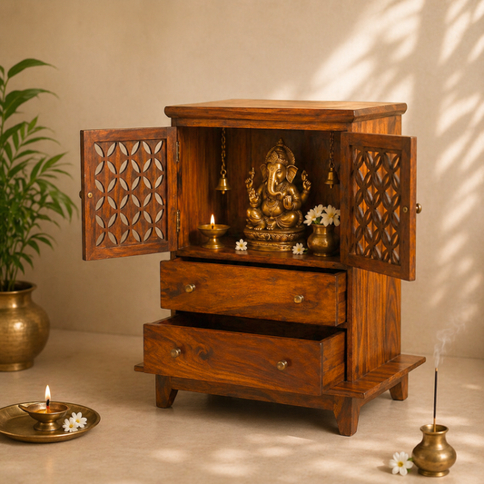 Modern small mandir for home with carved wooden doors, storage drawers, solid wood finish, and elegant pooja temple design.